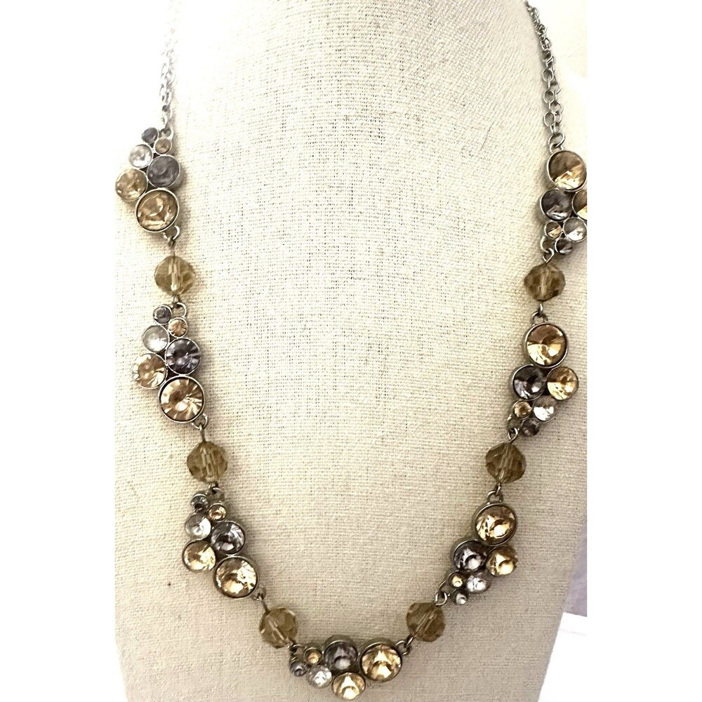 LOFT Silver Tone Champagne Gray Rhinestone Bubble Cluster Statement Necklace
